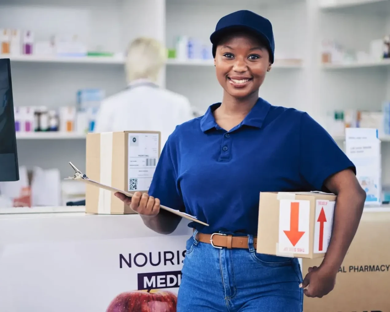 Smiling courier with parcels in pharmacy